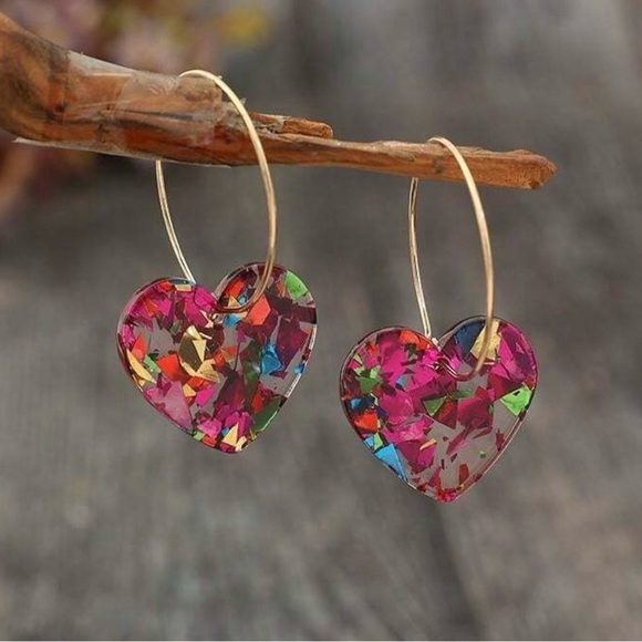 Colorful Glitter and Clear Heart Drop Earrings - Picture 2 of 3